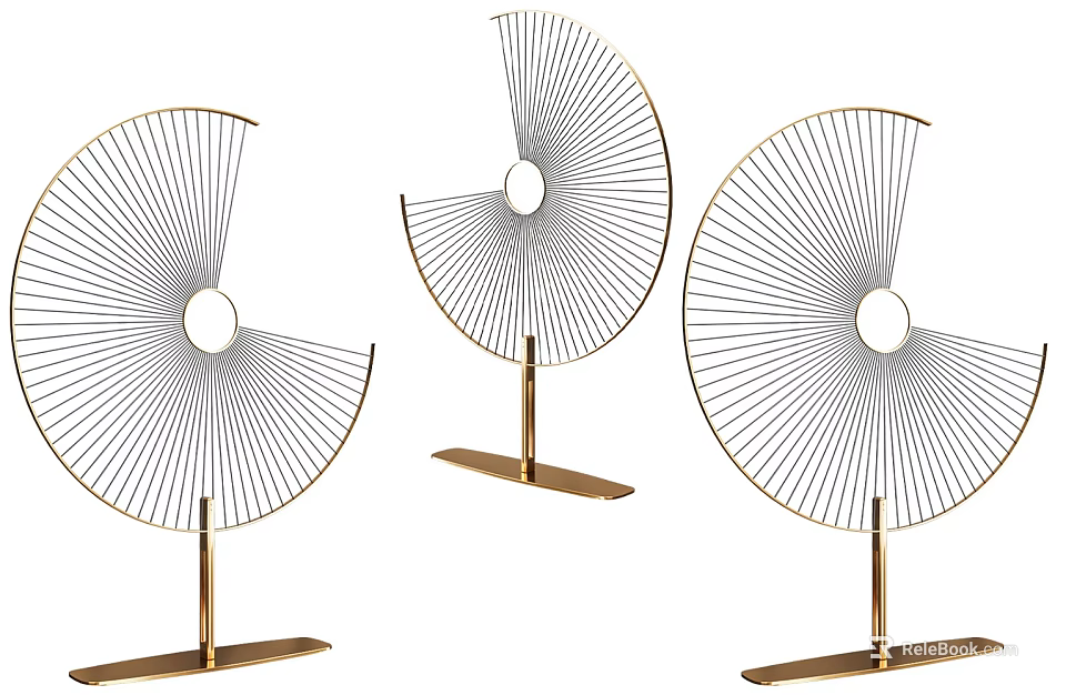 Three Modern Metal Screens With Radial Lines And Circular Design On Golden Stands For Home Decor 3d model 