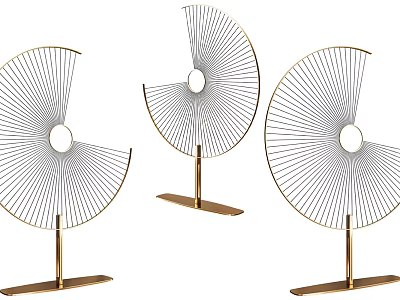 Three Modern Metal Screens With Radial Lines And Circular Design On Golden Stands For Home Decor 3d model