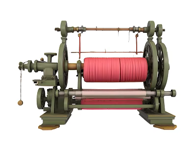 Industrial Wire Winding Machine With Red Reel And Green Metal Frame 3d model