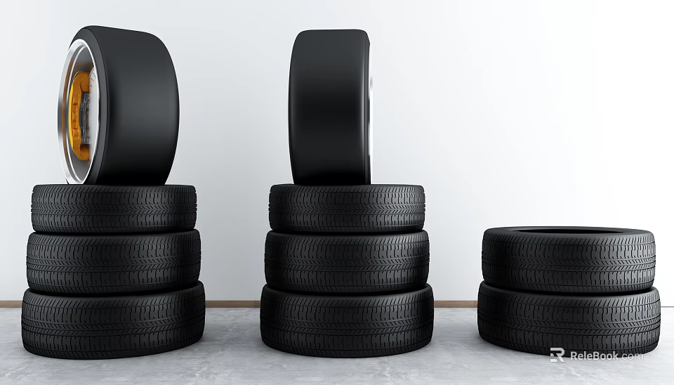 Black Car Tires Neatly Stacked In Multiple Piles For Indoor Display Arrangement 3d model 