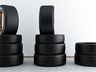 Black Car Tires Neatly Stacked In Multiple Piles For Indoor Display Arrangement 3d model