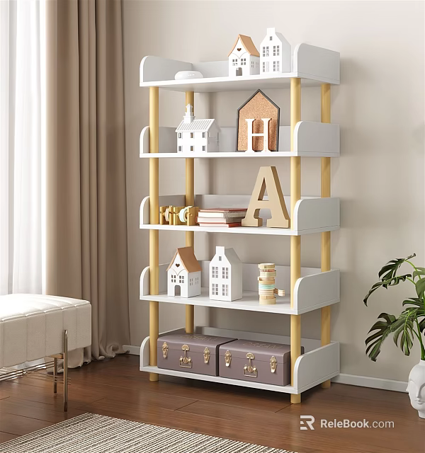 Multi tiered Display Shelf with Mini House Models Letter Decor Books and Drawers 3d model 
