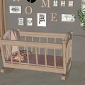 Wooden Rocking Baby Crib With Colorful Mattress And Nursery Wall Decor