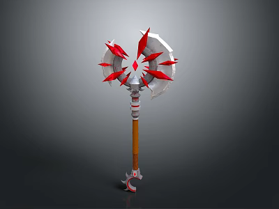 Fantasy Battle Axe With Red Blades Silver Accents And Wooden Handle 3d model