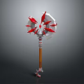 Fantasy Battle Axe With Red Blades Silver Accents And Wooden Handle