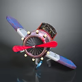 Airplane Model With Blue Purple Wings Red Propeller And Gold Lights On Black Reflective Stand