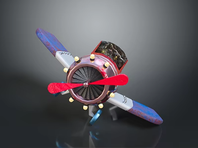 Airplane Model With Blue Purple Wings Red Propeller And Gold Lights On Black Reflective Stand 3d model