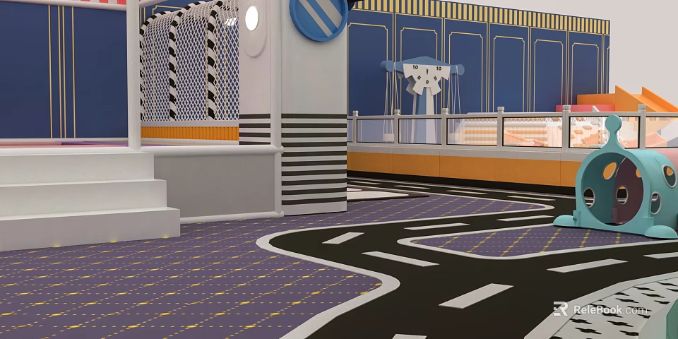 Colorful Playground Equipment With Blue Yellow Buildings White Steps And Purple Black Floor Patterns 3d model 