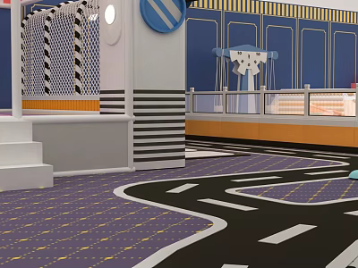 Colorful Playground Equipment With Blue Yellow Buildings White Steps And Purple Black Floor Patterns 3d model