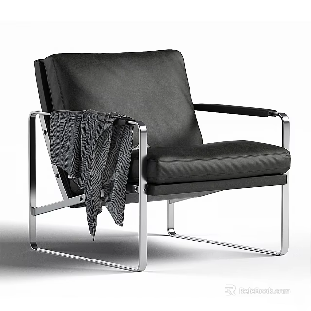 Black Leather Accent Chair with Sleek Metal Frame and Gray Blanket on Seat 3d model 