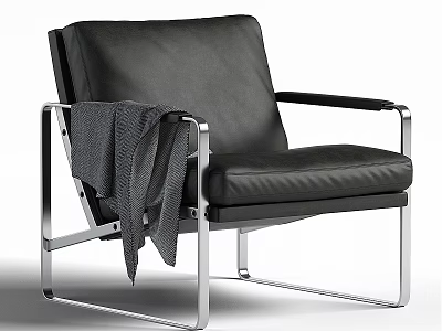 Black Leather Accent Chair with Sleek Metal Frame and Gray Blanket on Seat 3d model