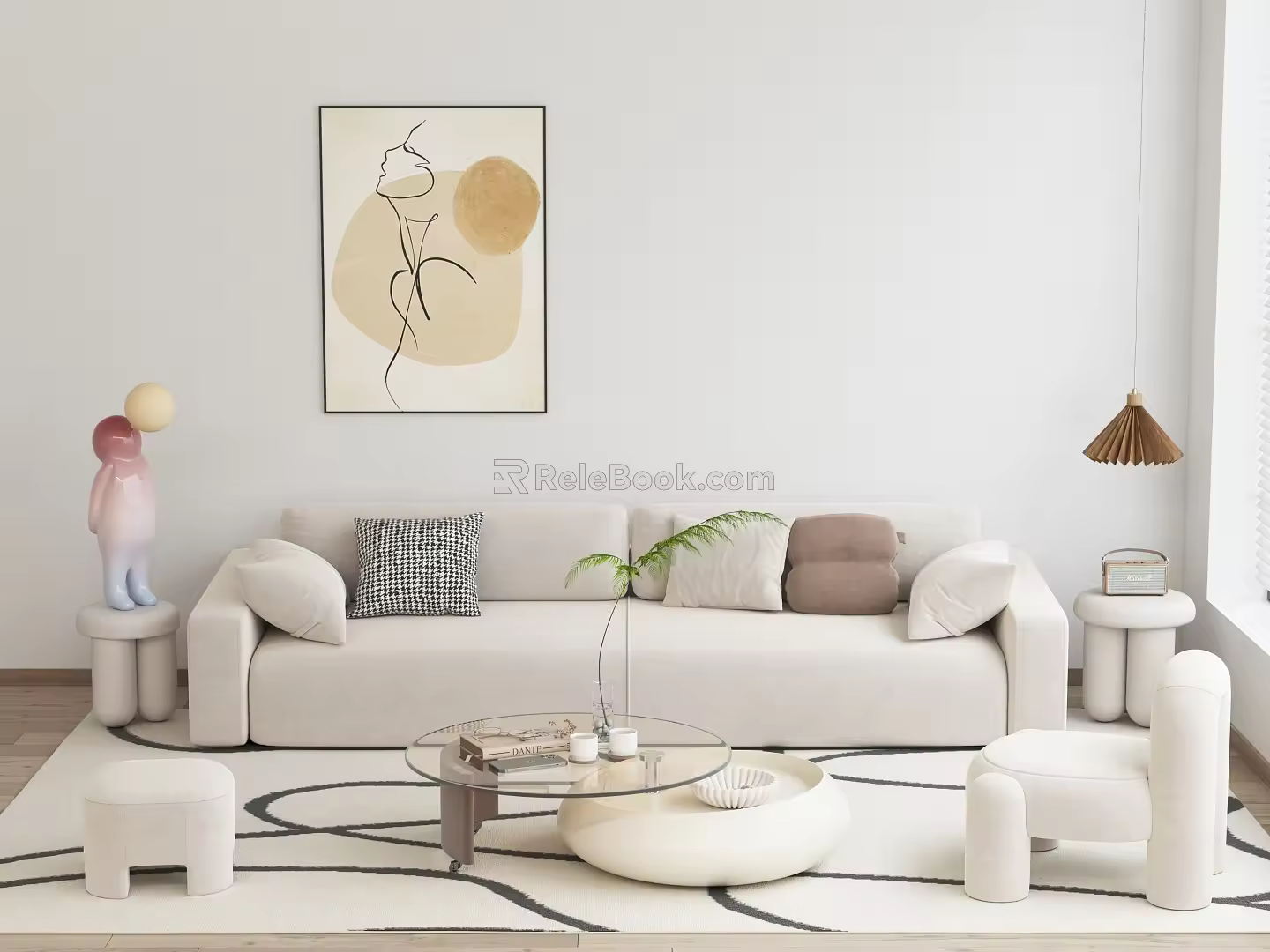 Sofa Combination Cream Style Sofa Combination Coffee Table Green Plant Potted Plant Floor Lamp Carpet Decoration Hanging Picture Leisure Chair Low Stool Side Table Single Person Sofa 3d model