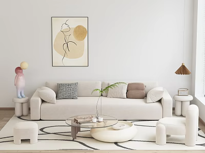 Modern Light Colored Sofa and Coffee Table Set Interior With Abstract Painting and Geometric Rug 3d model