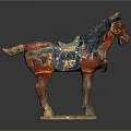 Colorful Ancient Hand Carved Horse Sculpture with Intricate Saddle and Standing Pose