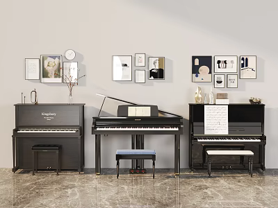Elegant Music Instruments And Art Supplies Featuring Three Black Pianos With Stools And Wall Paintings 3d model