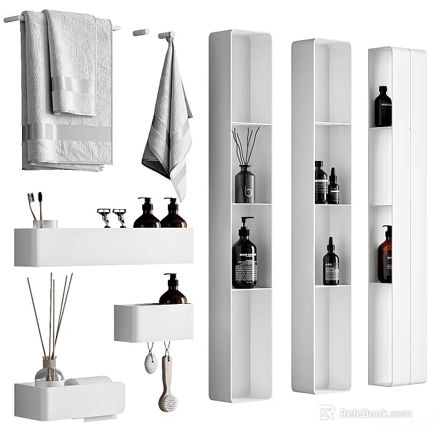 Daily Wash Essentials With Towels Bath Bottles And Aromatic Diffusers On White Shelves 3d model 
