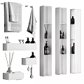 Daily Wash Essentials With Towels Bath Bottles And Aromatic Diffusers On White Shelves