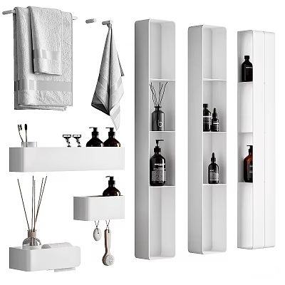 Daily Wash Essentials With Towels Bath Bottles And Aromatic Diffusers On White Shelves 3d model
