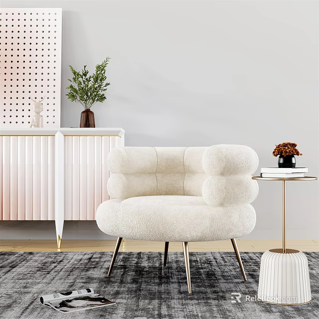 Fluffy White Armchair in Modern Living Room With Side Table Green Plant And Rug 3d model 