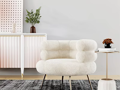 Fluffy White Armchair in Modern Living Room With Side Table Green Plant And Rug 3d model