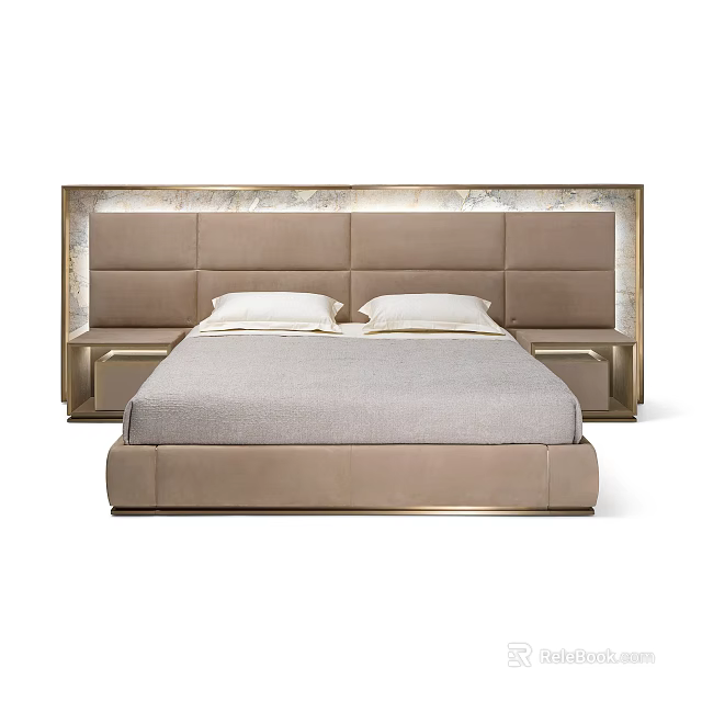 Elegant Modern Double Bed With Beige Upholstered Headboard And Bedside Tables 3d model