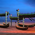 Scenic Gondolas With Striped Poles And Purple Plants Under Dusk Sky