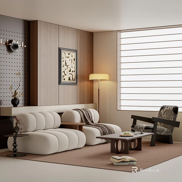 Modern Living Room Interior With Beige Sofa Armchair Floor Lamp Wooden Wall And Roller Blinds 3d model 