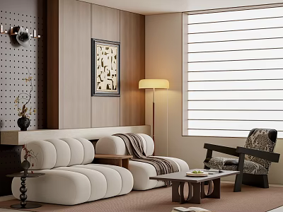 Modern Living Room Interior With Beige Sofa Armchair Floor Lamp Wooden Wall And Roller Blinds 3d model