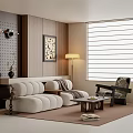 Modern Living Room Interior With Beige Sofa Armchair Floor Lamp Wooden Wall And Roller Blinds