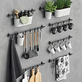 Kitchen Decorative Ornament Combination With Hanging Rods Utensils Mugs Cutting Boards Towels And Potted Plants