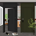 Stylish Modern Black Security Door Design With Vertical Lines In Indoor Room Setting
