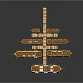 Ancient Wooden Ships Display with Hanging Decorative Elements and Oars in Formation