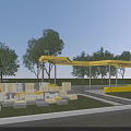 Modern Yellow Outdoor Pergola With Trees Grass Seating And Green Surroundings