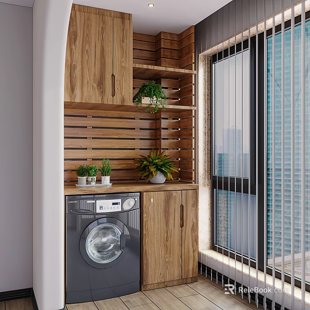 Modern Wooden Storage Cabinet Shelf With Green Plants And Washing Machine Near Window 3d model 