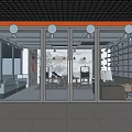 Traditional Office Interior Design With Red Frame Glass Doors Wooden Bookshelves And Bright Tile Flooring