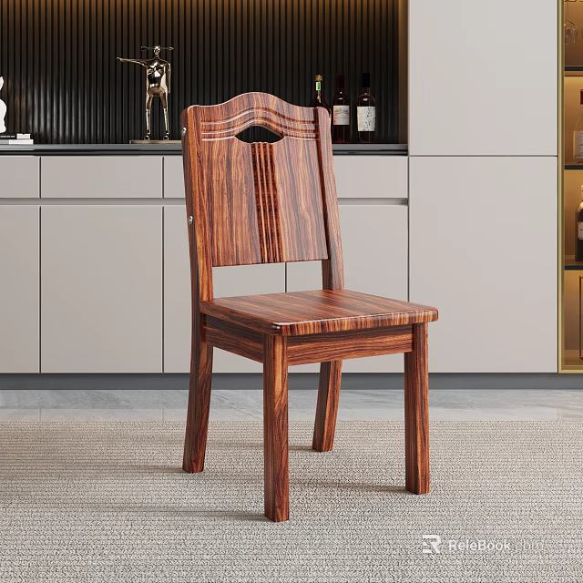 Natural Wood Grain Dining Chair With Backrest In Modern Kitchen And Cabinets 3d model 
