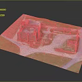 Modern Scale Model of Ancient Stone Building with Enclosure Green Lawn and Pathway