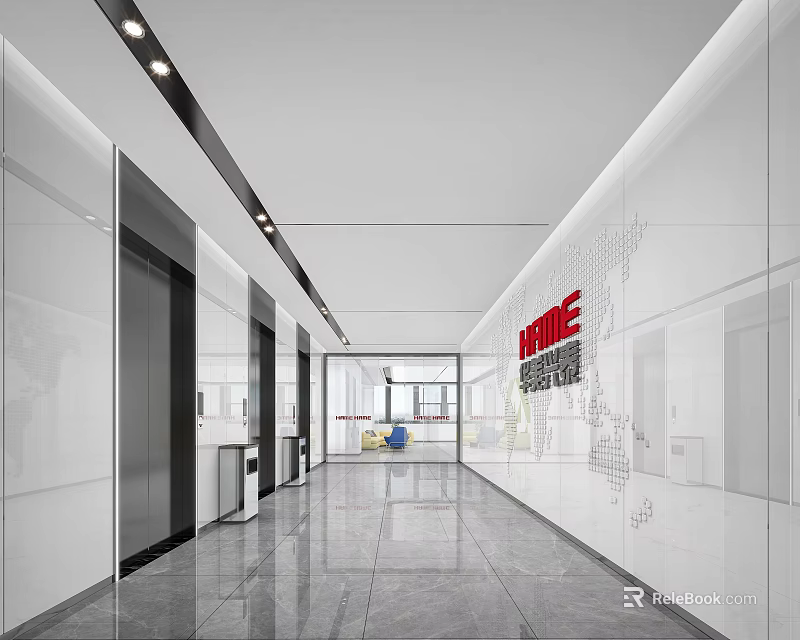 Modern Elevator Hallway with White Walls HOME Lettering World Map Decor Sleek Floor Ceiling Lights 3d model 