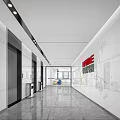 Modern Elevator Hallway with White Walls HOME Lettering World Map Decor Sleek Floor Ceiling Lights