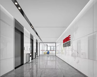 Modern Elevator Hallway with White Walls HOME Lettering World Map Decor Sleek Floor Ceiling Lights 3d model