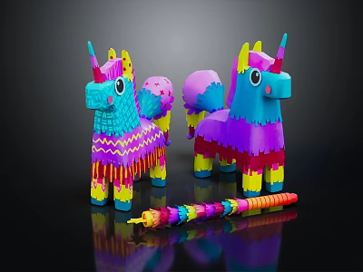Vibrant Colorful Unicorn Stuffed Toys With Fringe Details And Decorative Streamer 3d model