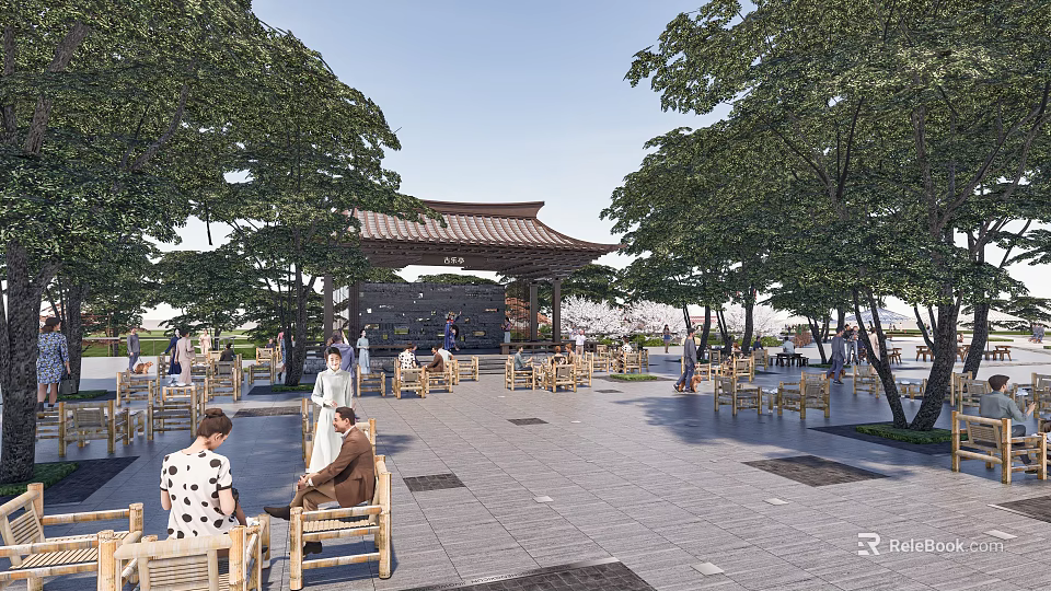 Scenic Public Square Landscape With Traditional Pavilion Trees And Wooden Seats 3d model 