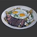 Sliced Steak Fried Eggs Bowl With Tortilla Chips Green Herbs And White Sauce