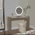 Modern Beige Dressing Table With Illuminated Round Mirror Stool Brushes Small Plant And Blinds