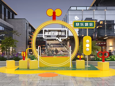 Vibrant Yellow Circular Installation in Urban Square with Happy Candy Workshop and Red Decorations 3d model