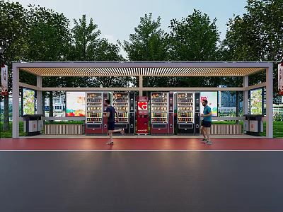 Covered Road Facility Bus Stop With Vending Machines Pedestrians And Trees 3d model