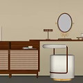 Wooden Dressing Table With Woven Doors Round Gold Frame Mirror And Marble Stool In Interior