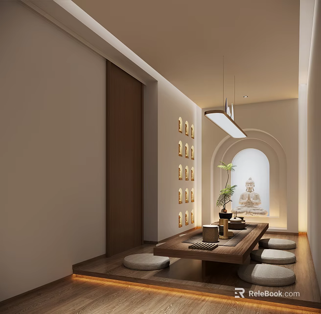 Zen Tea Room With Wooden Table Floor Cushions Tea Set Arch Window And Green Plant Decor 3d model 