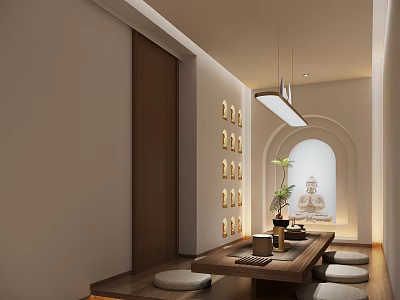 Zen Tea Room With Wooden Table Floor Cushions Tea Set Arch Window And Green Plant Decor 3d model