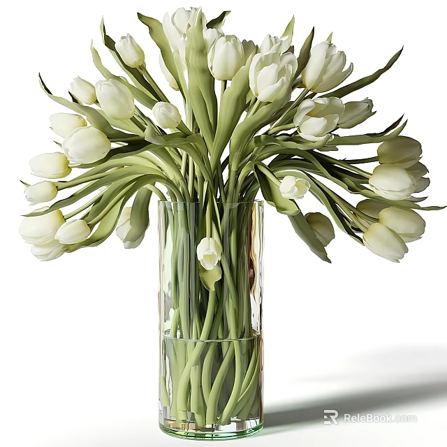Fresh White Tulips in Transparent Glass Vase with Green Stems and Water 3d model 